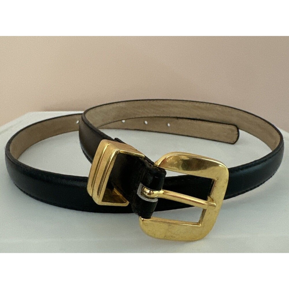 Nordstrom Size M/L Black Leather Belt 3/4” Vintage Unique Gold Buckle